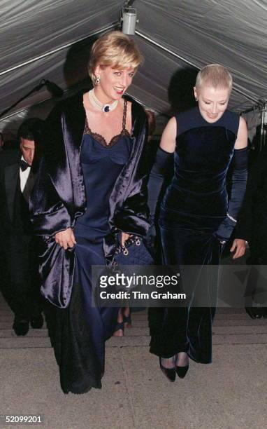 Princess Diana With Her Friend Liz Tilberis Arriving At The Metropolitan Museum Of Art In New York For The Costume Institute Ball In A Dress Designed...