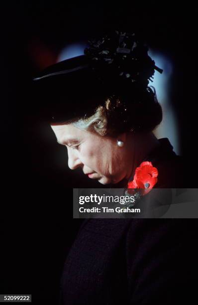 The Queen On Remembrance Sunday Wearing Poppies At The Cenotaph In Whitehall, London.