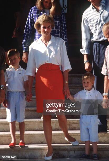 Princess Diana With Her Sons, Prince William And Prince Harry, At A Photocall On The Steps Of The Marivent Palace During Their Summer Holiday In...