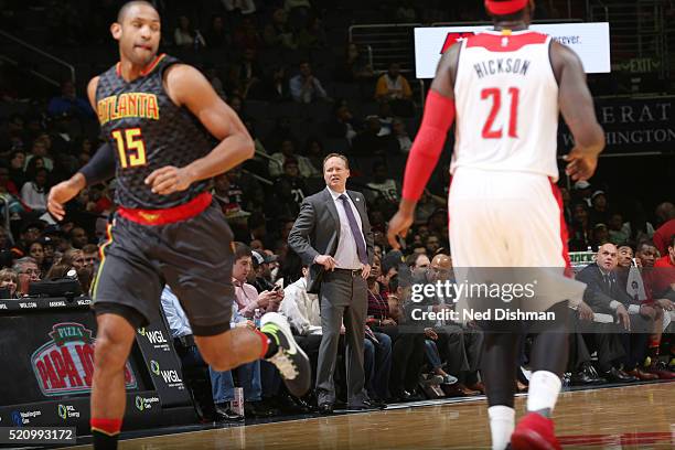 Head coach, Randy Wittman of the Washington Wizards during the game against the Atlanta Hawks on April 13, 2016 at Verizon Center in Washington,...