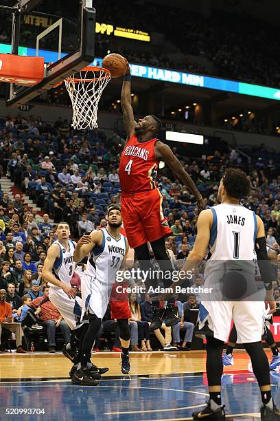 James Ennis of the New Orleans Pelicans dunks the ball in the first half against the Minnesota Timberwolves on April 13, 2016 at Target Center in...