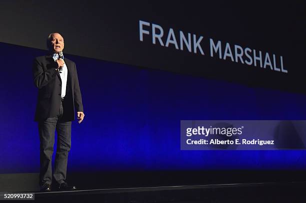 Recipient of the 'International Filmmaker of the Decade' award producer/director Frank Marshall speaks onstage during CinemaCon 2016 as Universal...