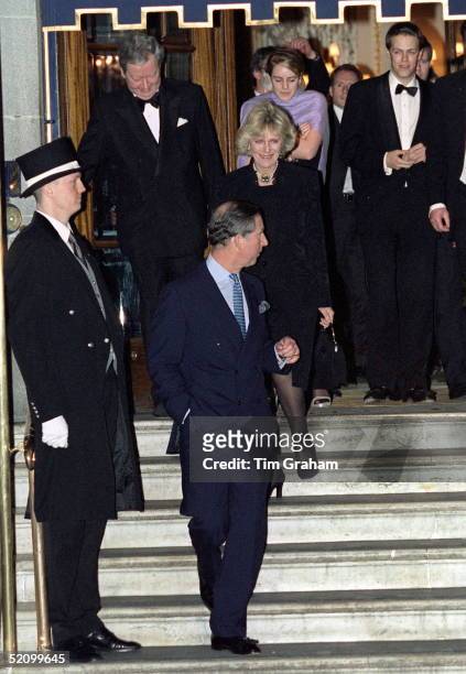 Prince Charles With Camilla Parker-bowles Leaving The Ritz Hotel In London After A Birthday Party For Her Sister, Annabel. Behind Are Her Daughter,...