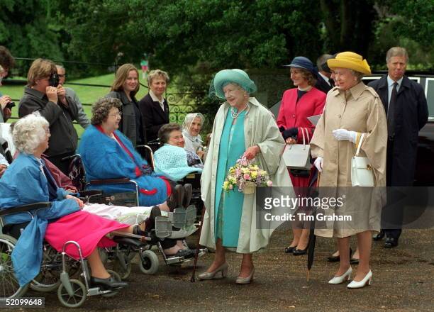 Queen Mother Attends Church At Sandringham With The Queen Just Before Her 98th Birthday. In Pink Suit Is Lady Angela Oswald, The Queen Mother's Lady...
