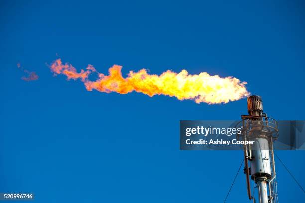 flaring off gas at the flotta oil terminal on the island of flotta in the orkney's scotland, uk. - gas flaring foto e immagini stock
