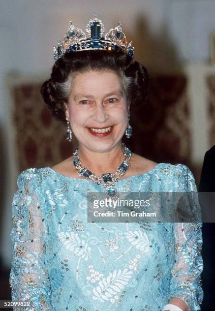 The Queen Wearing An Aquamarine And Diamond Tiara, Necklace And Earrings Given To Her By The People Of Brazil As A Gift On Her Marriage