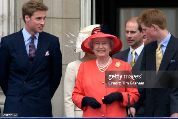 Queen Elizabeth II On The Balcony Of Buckingham Palace With Prince William And Prince Harry To Celebrate Golden Jubilee Day.