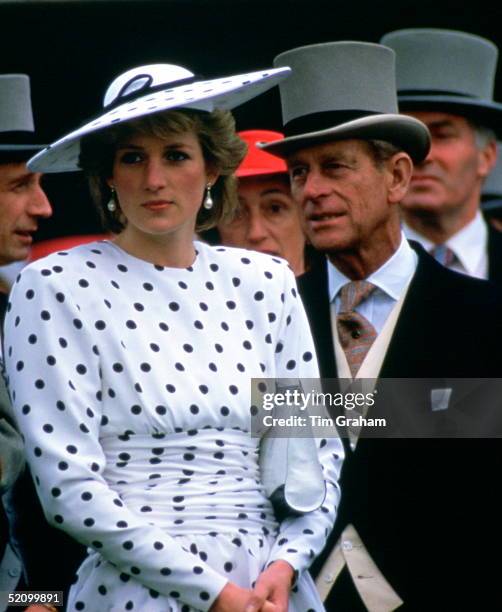 Diana, Princess Of Wales With Prince Philip On Derby Day. Princess Diana Is Wearing A Polka Dot Day Dress Designed By Fashion Designer Victor...