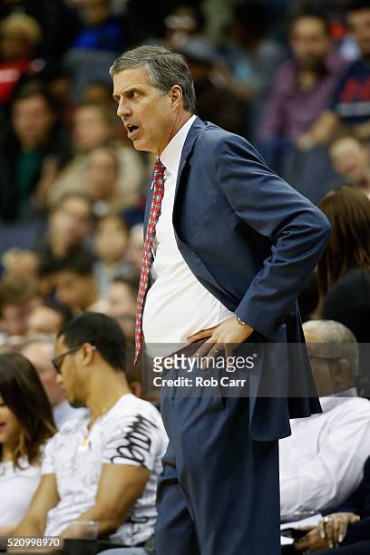 Head coach Randy Wittman of the Washington Wizards looks on in the first half against the Atlanta Hawks at Verizon Center on April 13, 2016 in...