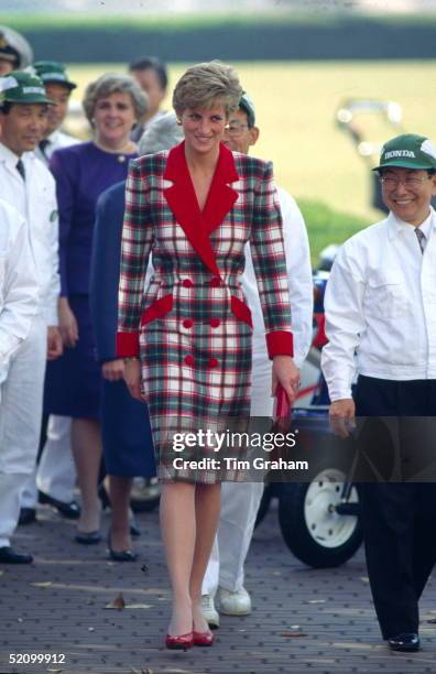 Diana, Princess Of Wales, Visiting The Honda Factory During Her Official Tour Of Japan Wearing A Tartan Coat Dress With Designed By Fashion Designer...