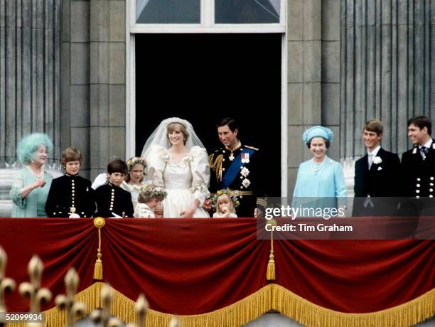 Prince Charles And Princess Diana With Their Bridesmaids And Pageboys, The Queen Mother, The Queen, Prince Edward And Prince Andrew On The Balcony Of...