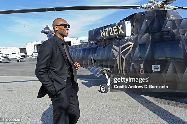 Kobe Bryant of the Los Angeles Lakers takes a helicopter to his last game against the Utah Jazz on April 13, 2016 at Staples Center in Los Angeles,...