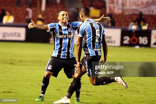 Brazil's Gremio player Walace celebrates his goal against Ecuador´s Liga Deportiva Univesitaria de Quito, during the Libertadores football match at...