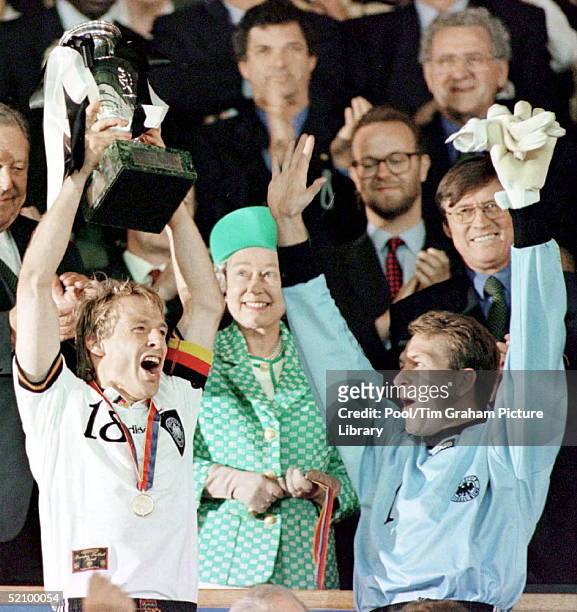 The Queen Presenting The European Championship Cup For The Football Final At Wembley To Footballers Jurgen Klinsman And The German Goalkeeper Andreas...