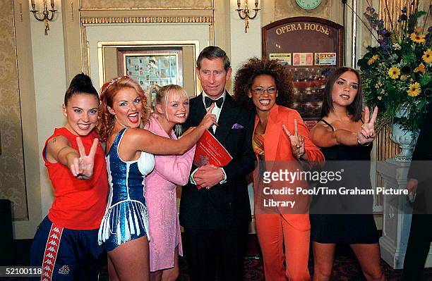 Prince Charles With The Spice Girls At The Manchester Opera House For A Royal Gala Performance To Celebrate The 21st Anniversary Of The Prince's...