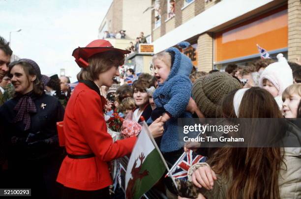 Princess Diana Meeting Fans Carrying Welsh And Union Jack Flags On A Walkabout In Rhyl, Wales