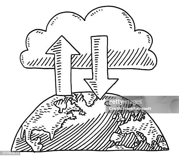 cloud computing data exchange earth drawing - cloud computing white background stock illustrations