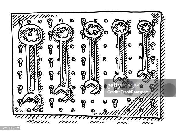 tool wall wrench set drawing - perforated stock illustrations