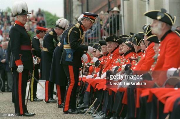 Prince Charles Meets Chelsea Pensioners At The Founders Day Parade At The Royal Hospital, Chelsea, London.