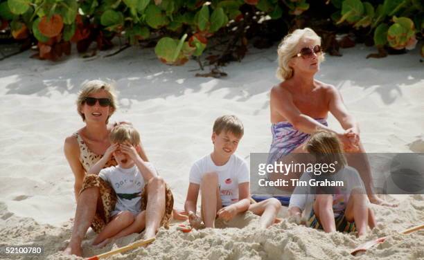 Princess Diana With Prince William And Prince Harry With One Of Her Neices And Her Mother Frances Shand-kydd On Holiday On Necker Island.