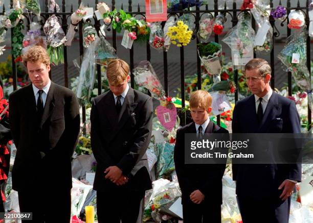 Earl Spencer, Prince William, Prince Harry And Prince Charles Watching The Coffin Of The Princess Of Wales, Departing Westminster Abbey.