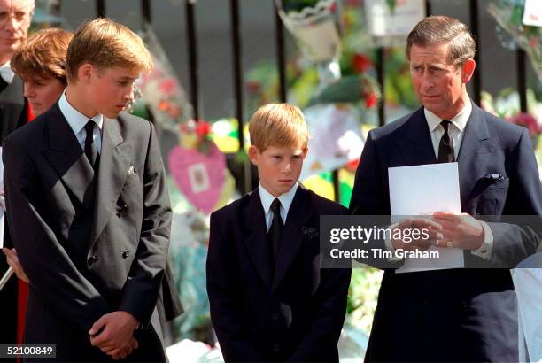 Prince William And Prince Harry With Prince Charles Holding A Funeral Programme At Westminster Abbey For The Funeral Of Diana, Princess Of Wales