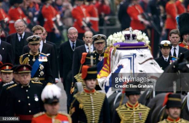 The Royal Family Gather At Westminster Abbey For The Funeral Of The Queen Mother Who Had Lived To The Age Of 101. Prince Philip, Prince Charles And...