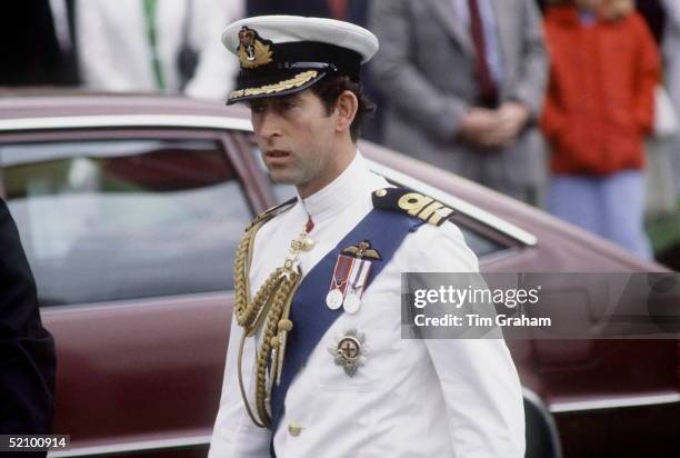 Prince Charles At Norfolk Navy Base In Virginia, USA Wearing Naval Uniform.