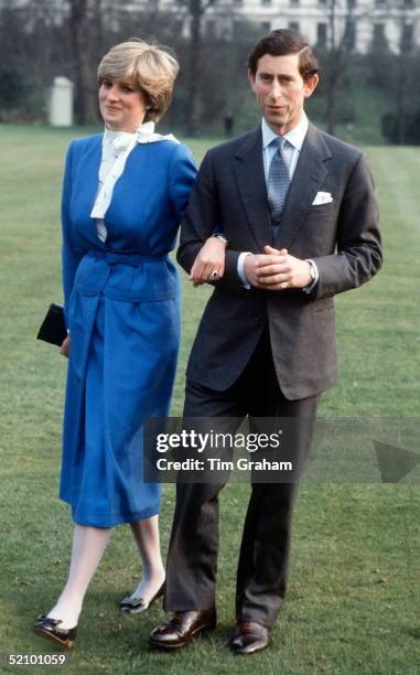 Lady Diana Spencer With Prince Charles In The Gardens Of Buckingham Palace On The Day They Announced Their Engagement. ++ Dress Reported As Designed...