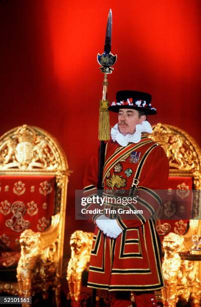 Yeoman Of The Guard With Ceremonial Spear In The Royal Throne Room, Buckingham Palace, During An Investiture.