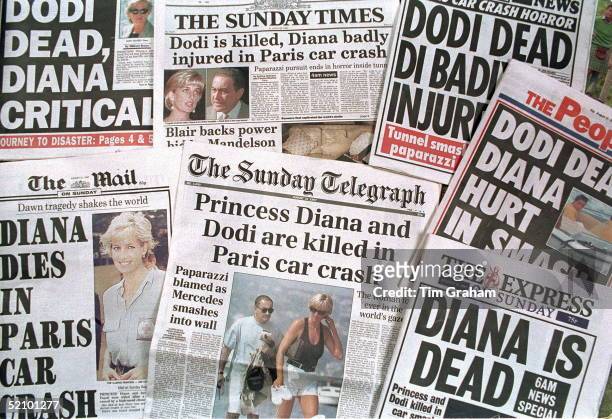 Newspaper Headlines Announcing The Death Of Princess Diana And Dodi Fayed In A Car Crash In Paris, 31st August 1997.