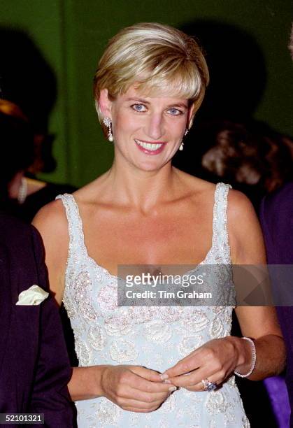 Diana, Princess Of Wales Wearing An Embroidered Cocktail Dress Designed By Fashion Designer Catherine Walker At The Private Viewing And Reception At...