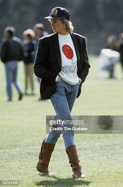 Diana, Princess Of Wales At Guards Polo Club. The Princess Is Casually Dressed In A Sweatshirt With The British Lung Foundation Logo On The Front,...