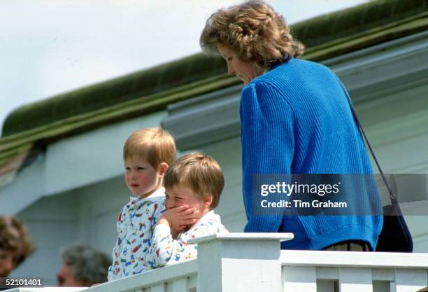 Prince William And Prince Harry With Their Nanny Watching Their Father Play Polo At Guards Polo Club. The Princes Are Wearing Identical Patterned...