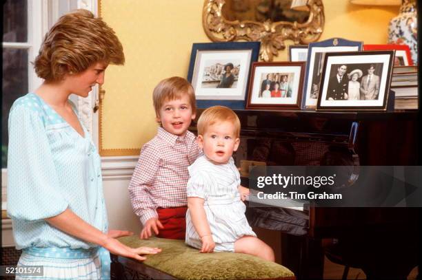 Princess Diana With Prince William And Prince Henry [harry] On The Piano At Home In Kensington Palace. ++ Dress Designed By Kanga