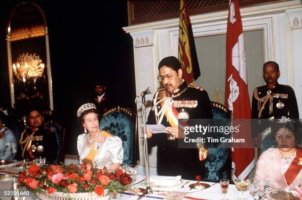 The Queen With King Birendra Of Nepal At A State Banquet, Kathmandu, Nepal