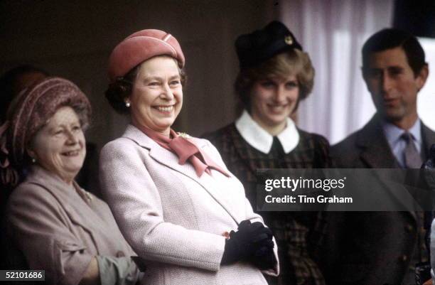 The Queen With The Queen Mother, Princess Diana And Prince Charles At The Braemar Games During Their Annual Holiday In Scotland.