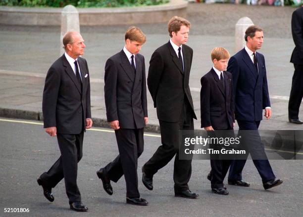 The Duke Of Edinburgh, Prince William, Earl Spencer, Prince Harry And The Prince Of Wales Following The Coffin Of Diana, Princess Of Wales