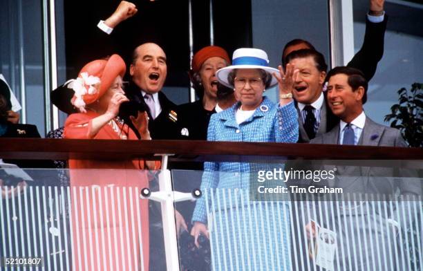 The Queen Mother Prince Charles And The Queen At The Derby. With Them Are The Queen's Racing Manager Earl Of Carnarvon At Left In Dark Morning Suit...