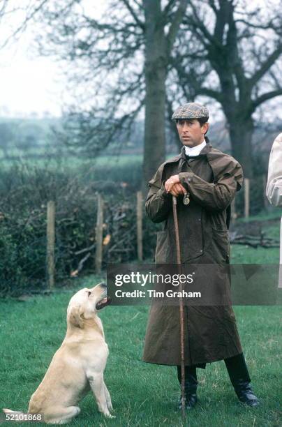 Prince Charles At The Fernie Hunt Cross Country Team Event Wearing Barbour Style /dryasabone-style Raincoat, Flat Cap And Walking Stick And With His...