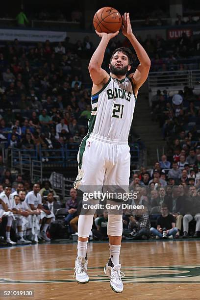 Greivis Vasquez of the Milwaukee Bucks shoots the ball against the Indiana Pacers against the Indiana Pacers on April 13, 2016 at the BMO Harris...