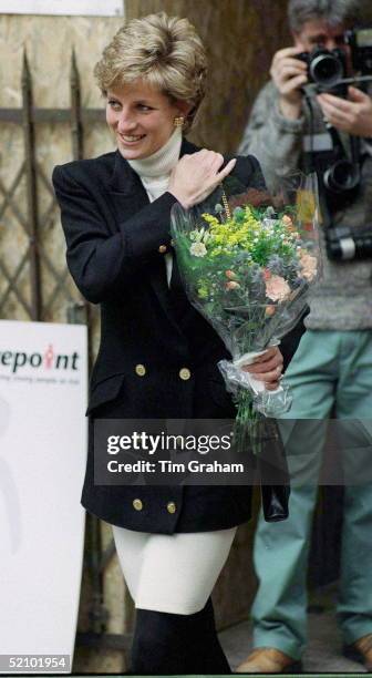 Diana, Princess Of Wales, Patron Of The Charity "centrepoint", Leaving Their New Hostel For The Homeless In Leicester Square, London. The Princess Is...