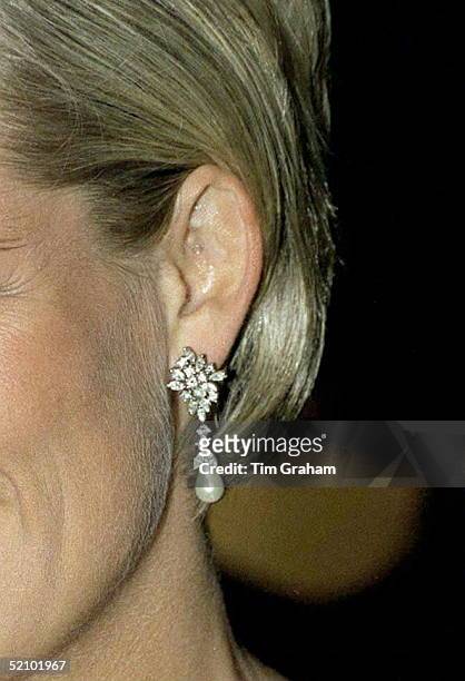 Close-up Princess Diana's Diamond And Pearl Earring Which She Is Wearing At The Christie's Launch Party For The Auction Of Her Dresses In London.