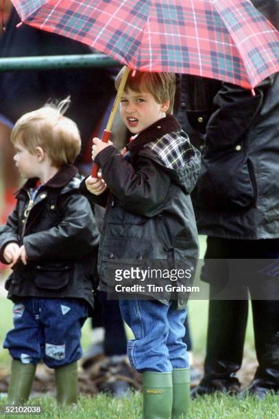 Prince William And Prince Harry At A Polo Match In Cirencester With An Umbrella, Wellington Boots And Barbour Style Jackets In The Rain