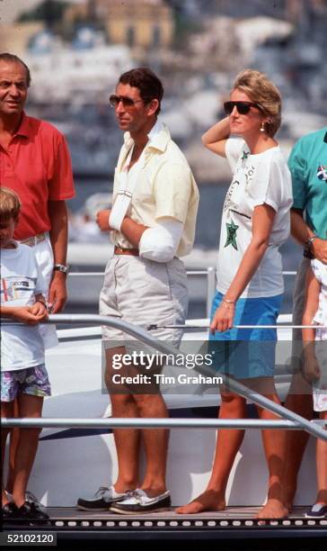 Prince Charles And Princess Diana With King Juan Carlos Of Spain On Board The Yacht Fortuna On Summer Holiday In Majorca