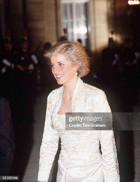 Diana, Princess Of Wales Wearing A White Beaded Dress And Bolero Designed By Fashion Designer Victor Edelstein For A Banquet Hosted By President...