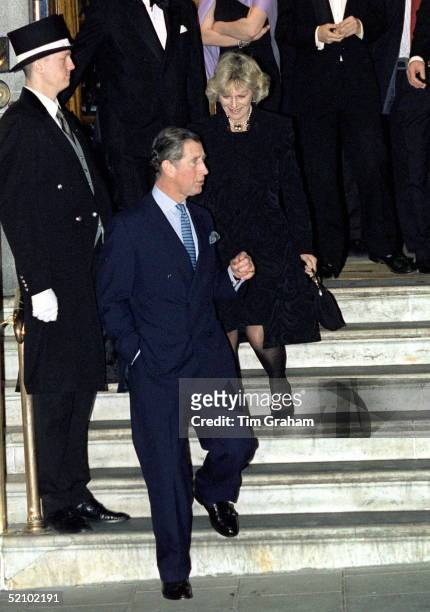 Prince Charles With Camilla Parker-bowles Walking Down The Stairs As They Leave The Ritz Hotel In London After A Birthday Party For Her Sister,...