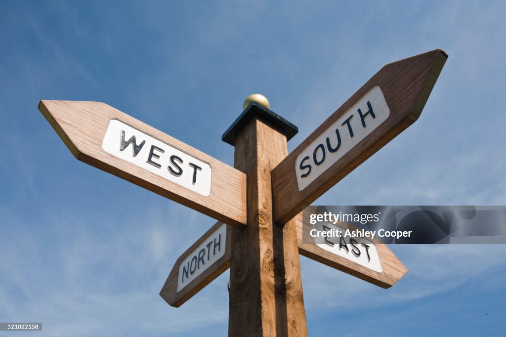 A compass post at White Wells on Ilkley Moor, Yorkshire, UK.