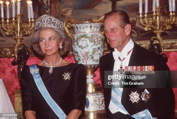 Prince Philip With Queen Sofia At The Oriente Palace For A State Banquet In Spain.