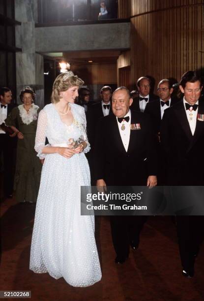 Princess Diana At State Banquet, Parliament House In Wellington, New Zealand In A Dress Designed By The Emanuels. With Her Is Prime Minister Of New...